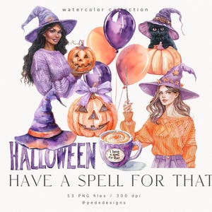 Tengo un hechizo para ese paquete de imágenes prediseñadas, clipart de Halloween de acuarela, hermosa bruja, calabaza, truco o trato, sombrero de bruja png, descargar