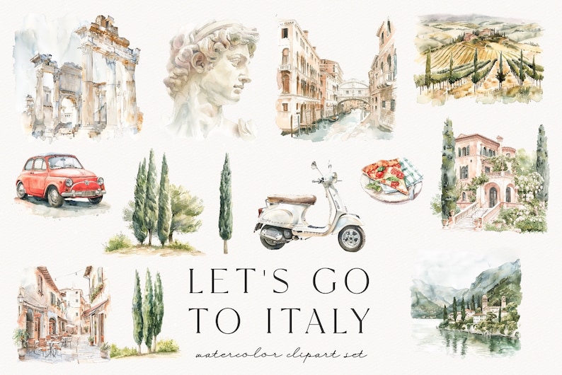 Let's go to Italy, watercolor summer clipart, travel, ancient roman, italian sceneries, italian street, scrapbooking, aesthetic, download zdjęcie 5