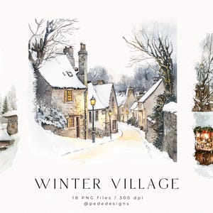 Winter Village, watercolor winter scenery, winter market clipart, winter landscape, christmas time, winter png graphics, houses, download