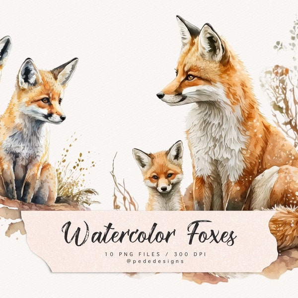 Watercolor fox clip art, sleeping fox clipart, mama fox with little fox, woodland art, mother's day clipart, whimsical, nature png, download