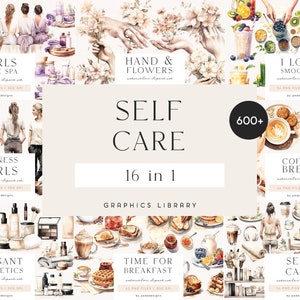 May include: A digital illustration set of 16 watercolor graphics for self-care, including fitness, spa, coffee, breakfast, and beauty products. The set includes over 600+ individual elements.