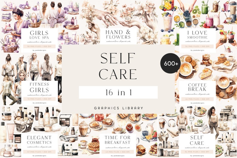 May include: A digital illustration set of 16 watercolor graphics for self-care, including fitness, spa, coffee, breakfast, and beauty products. The set includes over 600+ individual elements.