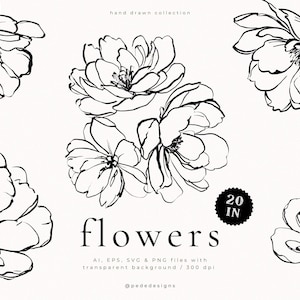 Flowers Line Brush Art | Botanical Outline Clipart | SVG PNG EPS Files (Digital Download)