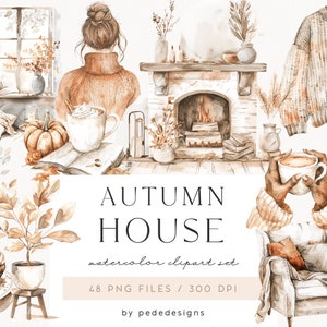 Autumn House, aquarel herfst clipart, herfst png-afbeeldingen, huis clipart, meisjesillustratie, gezellige esthetiek, boekenliefhebber, pompoen, download