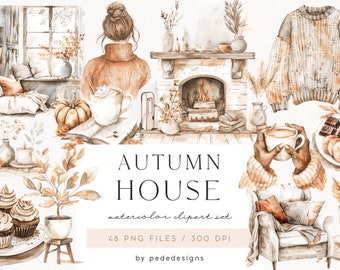 Autumn House, aquarel herfst clipart, herfst png-afbeeldingen, huis clipart, meisjesillustratie, gezellige esthetiek, boekenliefhebber, pompoen, download