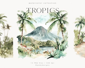 Tropen Aquarell Clipart Set - Tropische Landschaft | Palmen Illustrationen | Vulkan Dschungel Kunst | Digitaler Download