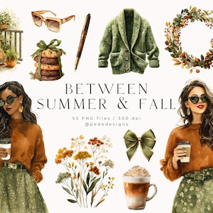 Puede incluir: Ilustración en acuarela con elementos temáticos de otoño. Incluye una rebeca verde, una corona, una vela, botas y una mujer sosteniendo una taza de café. El texto "BETWEEN SUMMER & FALL" se muestra con texto adicional.