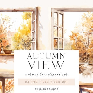Ilustraciones de otoño, imágenes prediseñadas de otoño de acuarela, gráficos png de otoño, vista de ventana, imágenes prediseñadas de otoño, campo, png rústico, descargar