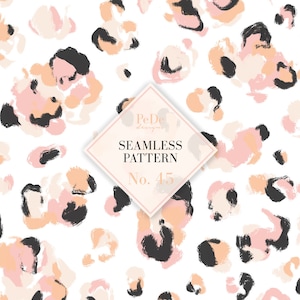 May include: A seamless pattern featuring abstract animal print in black, peach, and pink. The pattern is on a white background. The text "PeDe Designs Seamless Pattern No. 45" is in a white diamond shape.