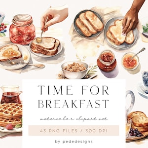 Time for Breakfast, fresh bread, pancake clipart,  food graphics, watercolor sweet breakfast, muesli, scrapbook, planner stickers, download