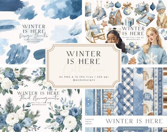 May include: A digital design collection titled Winter Is Here featuring watercolour blue paint strokes, festive holiday illustrations, floral arrangements with white and blue roses, and seamless patterns with jumpers and snowflakes.