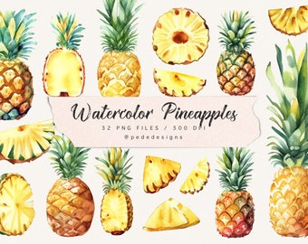 Imágenes prediseñadas de piñas de acuarela, imágenes prediseñadas tropicales, ilustración de piña, gráficos de verano, fruta de acuarela, comida, Hawái exótico, descargar