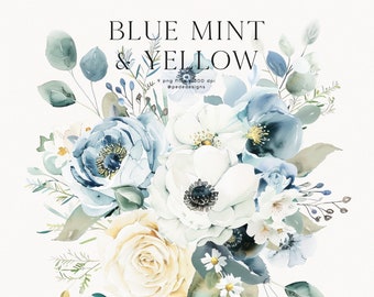 Blue Mint & Yellow, watercolor flowers, floral clipart, wedding bouquet clipart, premade floral arrangements, floral frame clipart, download