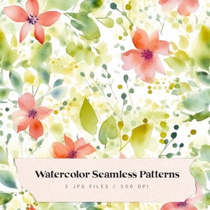 May include: Watercolor seamless pattern featuring pink flowers and green leaves on a white background. The pattern is perfect for creating digital or printed designs.
