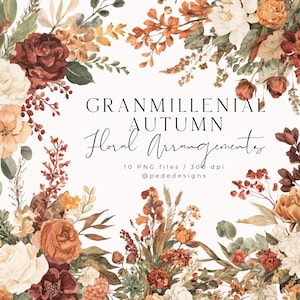May include: Digital artwork of autumnal floral arrangements. The design features roses and foliage in shades of orange, red, and cream. Text reads "Granmillenial Autumn Floral Arrangements". The image is a PNG file.