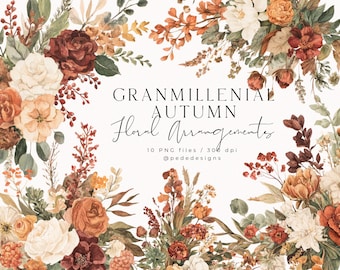 May include: Digital artwork of autumnal floral arrangements. The design features roses and foliage in shades of orange, red, and cream. Text reads "Granmillenial Autumn Floral Arrangements". The image is a PNG file.