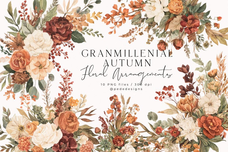 May include: A digital art print featuring floral arrangements in autumnal colors. The design includes roses, leaves, and other botanical elements in shades of orange, red, and cream. Text reads "Granmillenial Autumn Floral Arrangements."