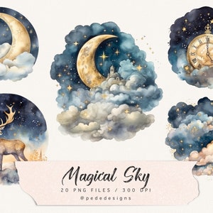 Ilustrações de céu mágico, clipart de lua crescente, céu noturno, lua e estrelas, marinha e ouro, celestial, clipart de veados, nuvens png, baixar