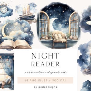 Könnte beinhalten: Eine digitale Sammlung von Aquarellillustrationen mit dem Titel NIGHT READER, die Bücher, Teetassen, Mondsicheln, Sternenhimmel, Fenster und eine lesende Person zeigt, als Set aus 61 PNG-Dateien mit 300 DPI von pededesigns.