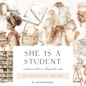 Collection She Is A Student, clipart aquarelle, clipart jolie fille, tasse à café, bureau, clipart livres, amoureux des livres, graphismes confortables, téléchargement