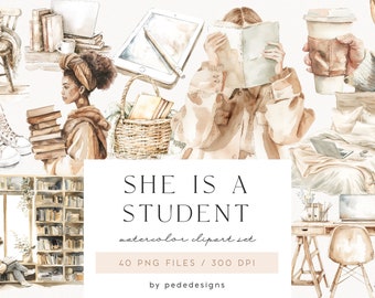 Collection She Is A Student, clipart aquarelle, clipart jolie fille, tasse à café, bureau, clipart livres, amoureux des livres, graphismes confortables, téléchargement