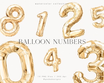 Set di clipart con numeri di palloncini dorati, clipart di palloncini in lamina, festa, celebrazione, compleanno, clipart png ad acquerello, numeri dorati, download