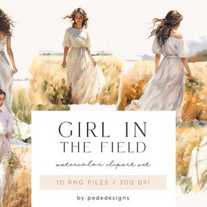 Chica en el campo, clipart de acuarela, vintage de acuarela, clipart de boda, mujer de acuarela, álbum de recortes, png de novia, invitación, descargar
