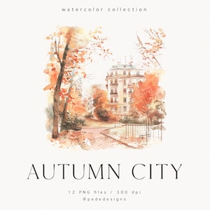 Autumn City Clip Art Set, herfststad, aquarel herfstlandschap, herfst clipart, stadspark, straat, bomen, huurkazerne, download
