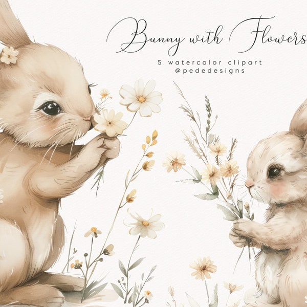 Bunny met bloemen clipart, aquarel baby konijntje, lente png graphics, pasen clipart, kinderkamer clipart, lentebloemen, madeliefjes, download