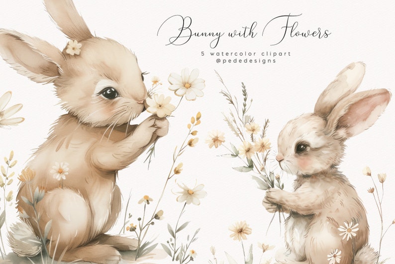 Bunny with Flowers clipart, watercolor baby bunny, spring png graphics, easter clipart, nursery clipart, spring flowers, daisies, download image 1