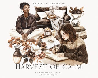 Harvest Of Calm Clipart Bundle, watercolor clipart ,cozy fall png, autumn coffee, fall graphics, autumn bouquet, watercolor fall, download