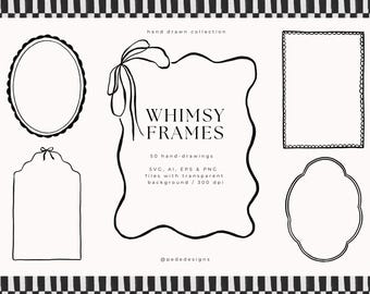 Whimsy Frames | 50 Hand-Drawn Frames SVG PNG | Minimalist Line Art Borders for Stationery & Branding | Vector | Digital Download