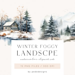 Paesaggio nebbioso invernale, scenario invernale ad acquerello, clip art invernale, illustrazione invernale, foresta, montagne, baita, grafica invernale, download