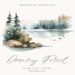 May include: Watercolour painting of a dreamy forest scene with two tall pine trees, a lake, and rocks. The painting is in shades of blue, green, and brown. The text "Dreamy Forest" is written in cursive at the bottom of the image.
