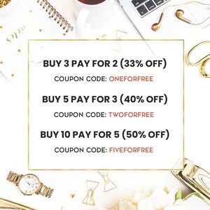 May include: A gold-framed graphic with a white background and black text. It lists three different discount offers for buying multiple items. The offers are: Buy 3 Pay for 2 (33% off), Buy 5 Pay for 3 (40% off), and Buy 10 Pay for 5 (50% off). Each offer includes a coupon code: ONEFORFREE, TWOFORFREE, and FIVEFORFREE.