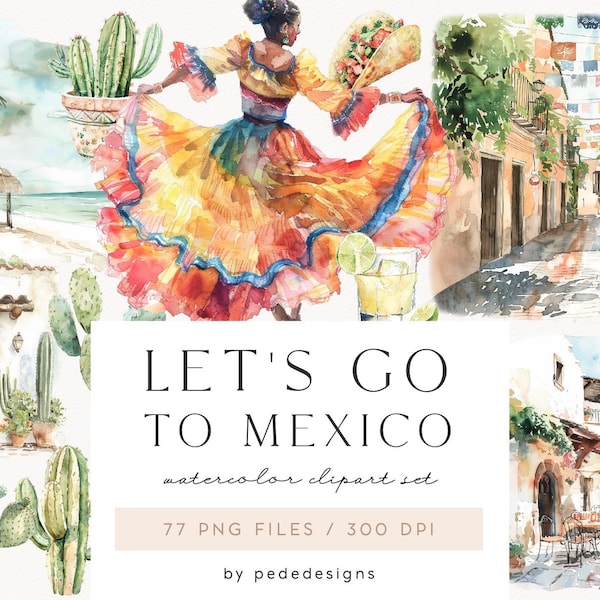 Let's go to Mexico, watercolor summer clipart, travel, mexican sceneries, mexican street, fiesta muerte, scrapbooking, aesthetic, download