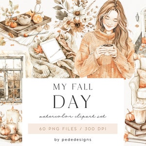 My Fall Day, clipart de outono em aquarela, gráficos png de outono aconchegante, clipart de casa, garota bonita png, estética aconchegante, porta, esposas de janela, baixar