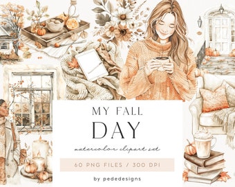 My Fall Day, aquarel herfst clipart, gezellige herfst png-afbeeldingen, clipart voor thuis, mooi meisje png, gezellige esthetiek, deur, raamvrouwen, download