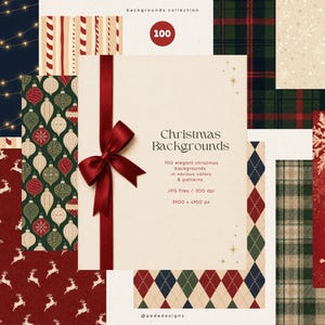 Può includere: Una collezione digitale di 100 sfondi natalizi con vari motivi tra cui renne rosse, ornamenti verdi e oro, tartan, rombi e fiocchi di neve. Un cartoncino color crema con un fiocco rosso scuro mostra il testo.