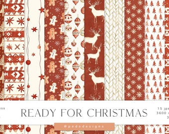 Ready For Christmas, christmas digital paper pack, watercolor, holiday patterns, snowflakes, christmas background, reindeers, xmas, download