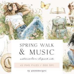 Spring Walk & Music Collection, Aquarell Frühlingsgrafiken, Mädchen von nebenan Clipart, Mode Clipart, Frühlingsaufkleber, Wiese png, Download