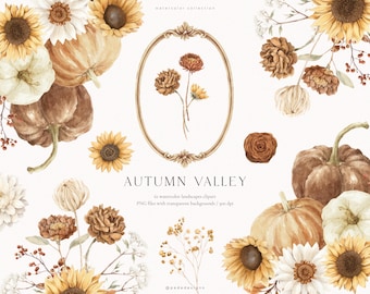 Autumn Watercolor Clipart Set with Fall Pumpkin, Rustic Floral Wreaths, Sunflowers & Autumn Leaves | Harvest PNG (Digital Download)