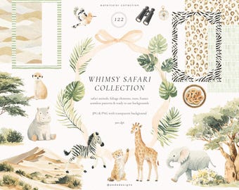 May include: Watercolor illustration titled "Whimsy Safari Collection" featuring safari animals, foliage, and frames. Includes a zebra, giraffe, elephant, cheetah, and hippo. The image has a transparent background and is ready to use.