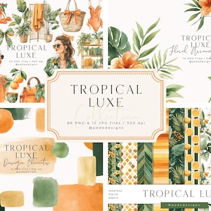 Collezione Tropical Luxe, clipart acquerello, png estate tropicale, motivi estivi senza soluzione di continuità, moda, fiori, verde e arancione, download
