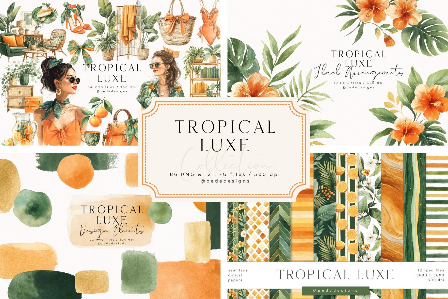 Tropical Luxe Collection, watercolor clipart, tropical summer png, summer seamless patterns, fashion, flowers, green & orange, download