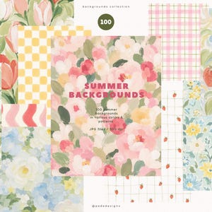 May include: A selection of 100 summer backgrounds in various colours and patterns. The image showcases floral, gingham, and strawberry designs, with the text "SUMMER BACKGROUNDS" in the centre. The backgrounds are available as JPG files.