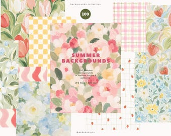 May include: A collection of 100 summer backgrounds in various colors and patterns. The image features floral, gingham, and strawberry designs, with the text "SUMMER BACKGROUNDS" in the center. The backgrounds are available as JPG files.