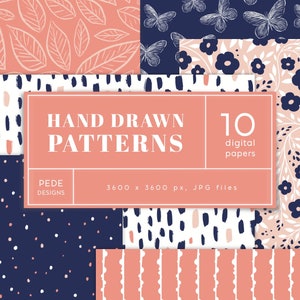 Pacchetto carta digitale, rosa e blu navy, motivo disegnato a mano, motivo floreale, carta scrapbook, carta digitale fogliare, uso commerciale, download