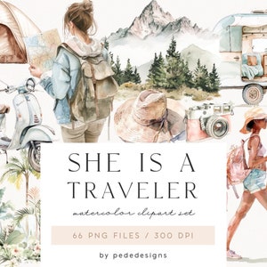 She is a Traveler, aquarel zomer clipart, reisafbeeldingen, meisje clipart, zomerelementen, tropisch, in het wild, roadtrip, download