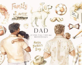 Dad, watercolor clipart, Father's Day clipart, beige png images, daddy stickers, heartwarming daddy's day, father and kids, download